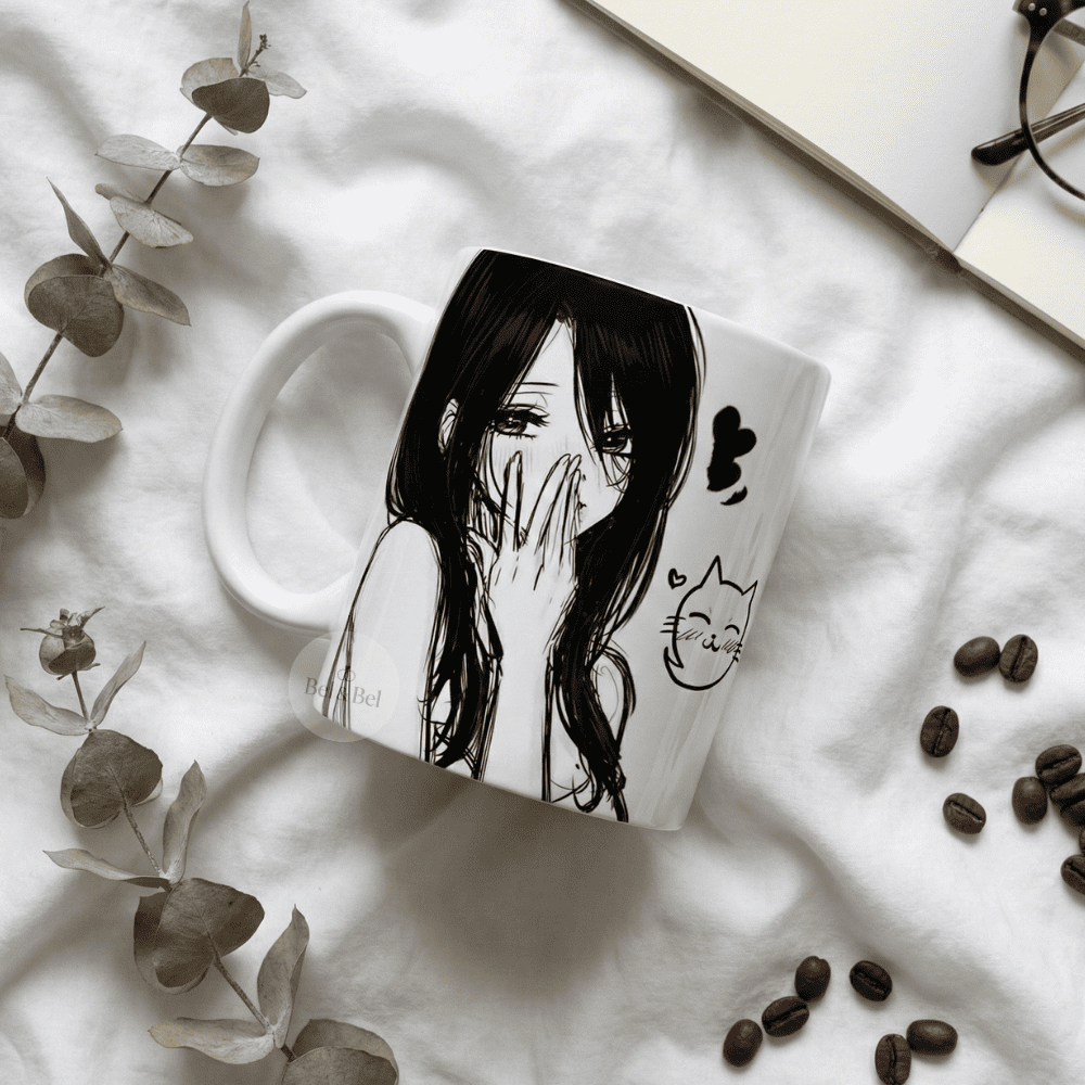 Mug Anime « Shy Girl » & Chat Kawaii – Design Manga Croquis Noir et Blanc - Bel & Bel