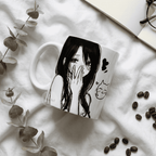 Mug Anime « Shy Girl » & Chat Kawaii – Design Manga Croquis Noir et Blanc - Bel & Bel