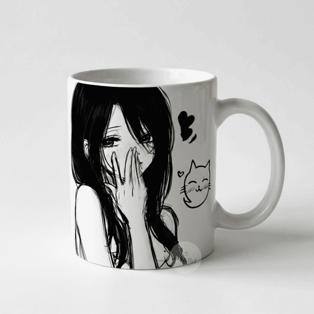 Mug Anime « Shy Girl » & Chat Kawaii – Design Manga Croquis Noir et Blanc - Bel & Bel