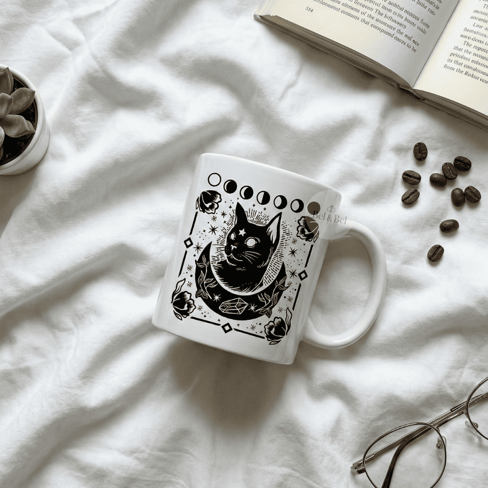 Mug « Mystic Black Cat » – Phases de Lune & Cristaux – Esthétique Witchy - Bel & Bel